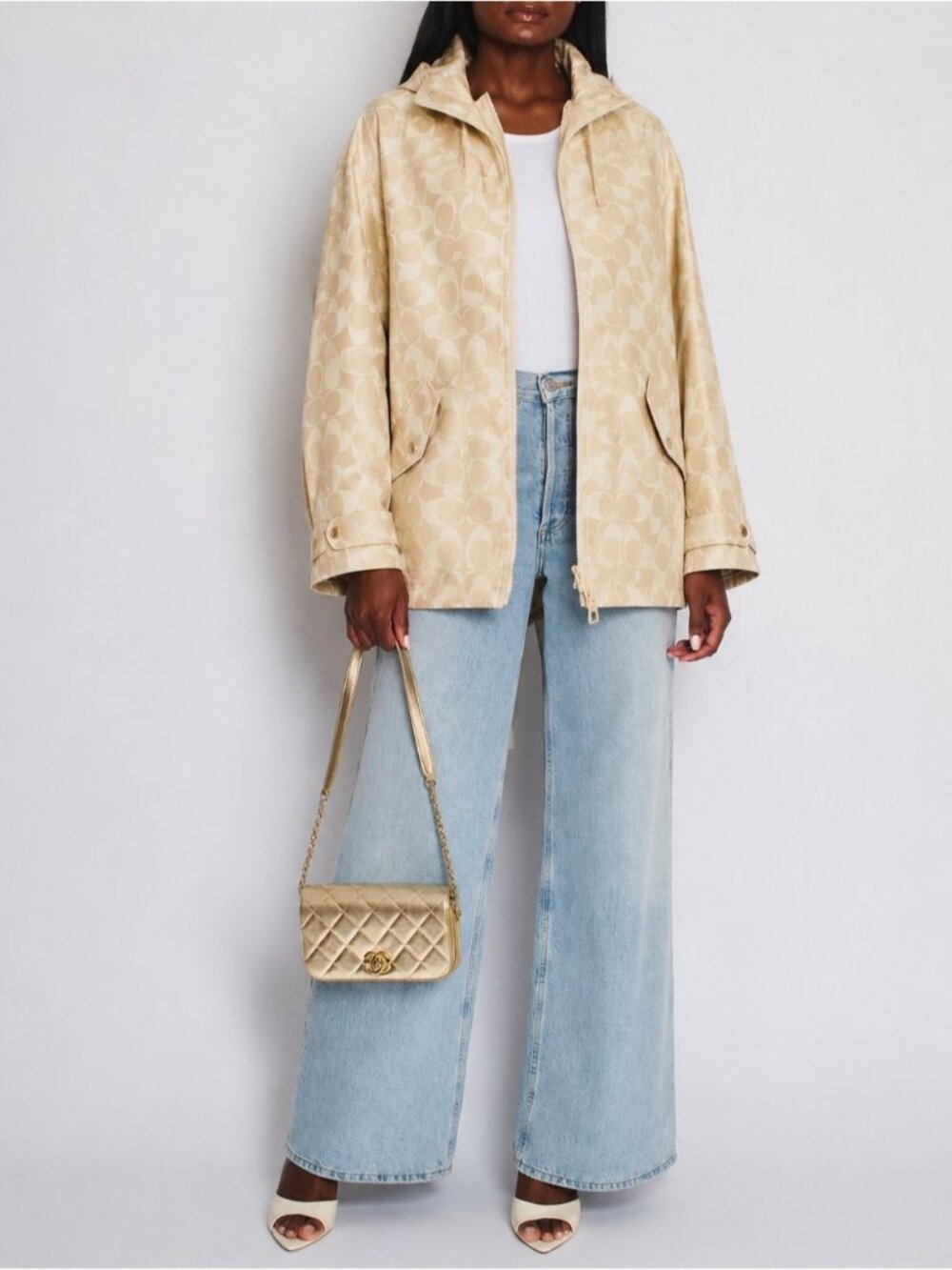 Coach Signature Butter Yellow White OVERSIZE Monogram Short Trench rain Jacket L